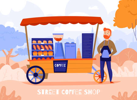 Sellers coffee composition with outdoor autumn landscape and mobile unit with coffee machine and barista character vector illustrationのイラスト素材