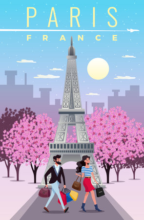 Paris travel background with sightseeing and shopping symbols flat vector illustrationのイラスト素材
