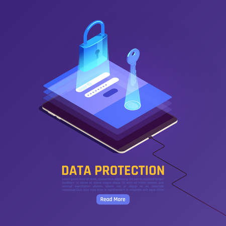 Privacy data protection gdpr isometric background with gadget and stack of screens with key and lock vector illustrationのイラスト素材