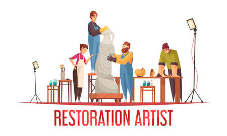 Flat artist restorer concept with group of people work on old statue vector illustrationのイラスト素材