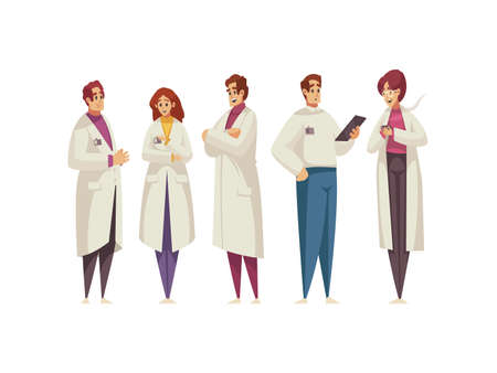 Group of doctors in white coats isolated on white background cartoon vector illustrationのイラスト素材