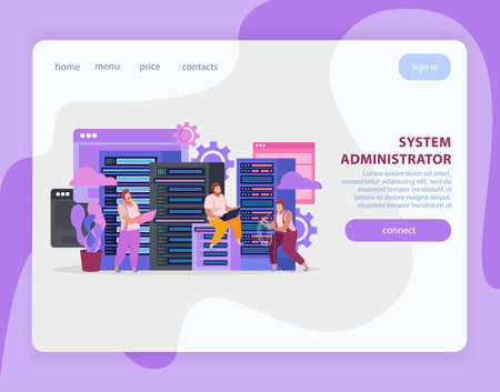 Flat landing page with system administrators working on laptops vector illustrationのイラスト素材