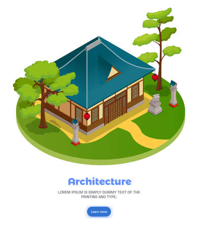 Asian architecture concept with garden landscape and house isometric vector illustrationのイラスト素材