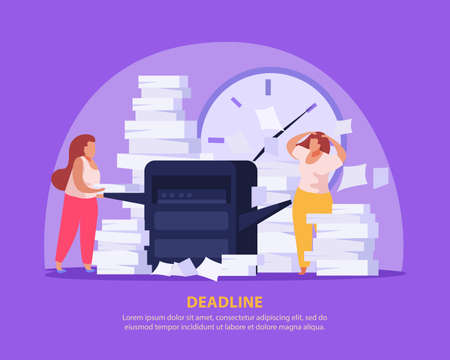 Two tired women working with papers before dead line flat background vector illustrationのイラスト素材