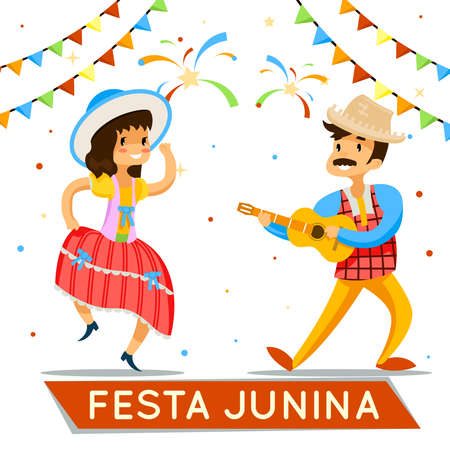 Latin American june party. Brazil june holiday poster. Happy festa junina banner, woman dance...