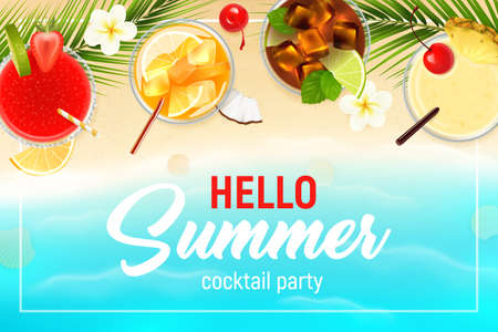 Cocktails top view realistic summer poster with fruit  vector illustrationのイラスト素材
