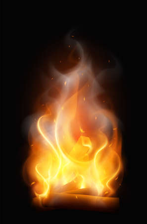 Camp fire flame realistic composition with colourful vertical image of wire with smoke on black background vector illustrationのイラスト素材