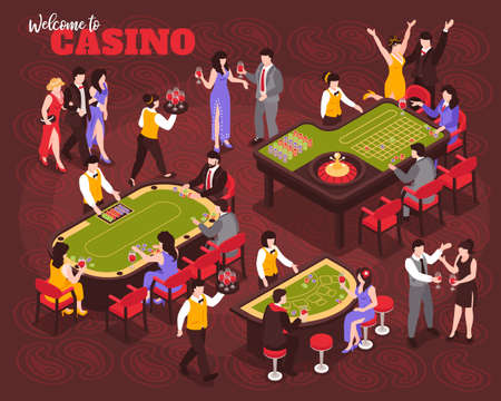 Isometric casino composition with human characters of celebrities and rich people playing roulette with ornate text vector illustrationのイラスト素材