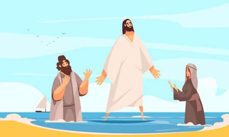 Bible narratives jesus water composition with doodle character of christ walking on water with praying people vector illustrationのイラスト素材