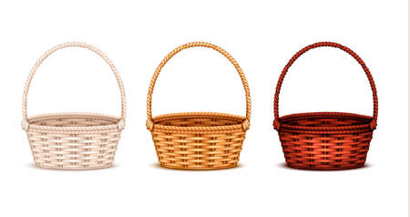 Colorful willow wicker baskets set of white natural and dark stained wood 3 realistic isolated images vector illustrationのイラスト素材