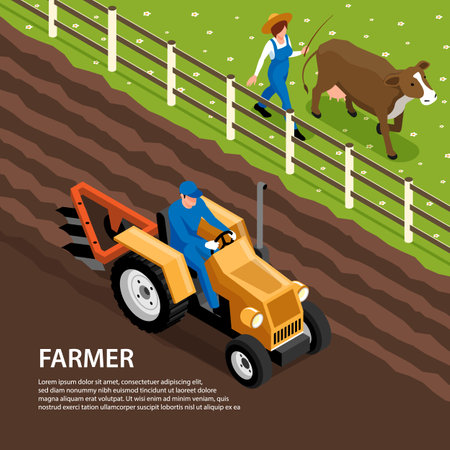 Farmer daily work isometric composition with tractor plowing soil and bringing livestock cow to graze vector illustrationのイラスト素材