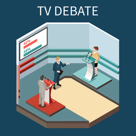 TV debate isometric background with tv presenter two political competitors at tribunes and screen with rating vector Illustrationのイラスト素材
