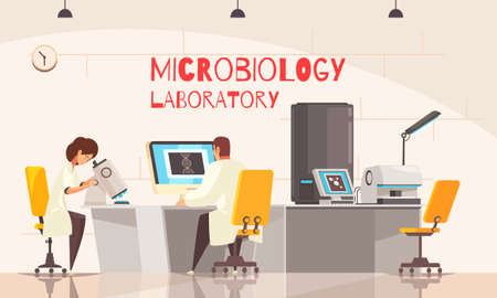 Microbiology laboratory background composition with indoor view of lab room with workspaces of scientists with text vector illustrationのイラスト素材