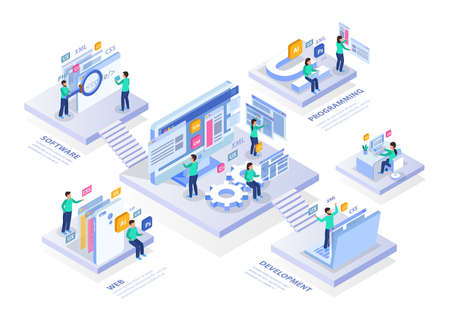 Web development isometric concept infographics composition with platforms text captions and people characters icons and screens vector illustrationのイラスト素材