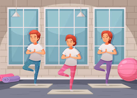Kids yoga background with indoor training symbols cartoon vector illustrationのイラスト素材