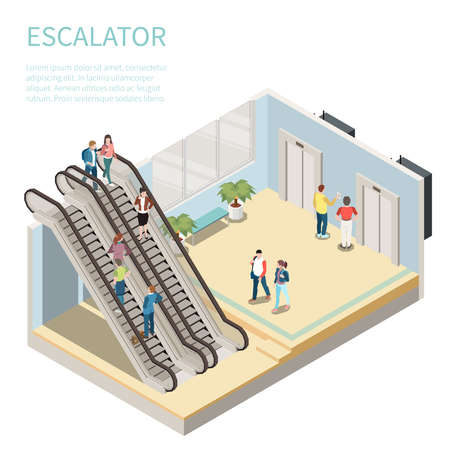Isometric composition with people using escalator and waiting for elevator 3d vector illustrationのイラスト素材