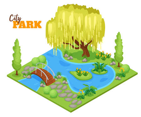 City park concept with lake plants and trees isometric  vector illustrationのイラスト素材