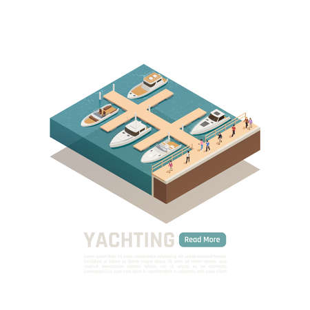 Yachting isometric colored composition with five different boats and green read more button vector illustrationのイラスト素材