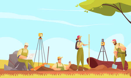 Geologist soil composition with group of flat doodle characters measuring digging ground in wild outdoor scenery vector illustrationのイラスト素材