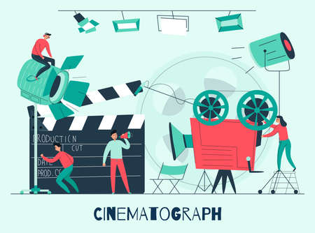 Cinema composition with film studio and shooting team at work flat vector illustrationのイラスト素材