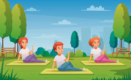Kids yoga background with training in park symbols cartoon vector illustrationのイラスト素材