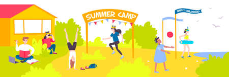 Flat banner with cheerful kids spending vacation in summer camp vector illustrationのイラスト素材