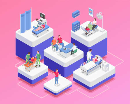 Pregnancy composition with pregnant women consulting gynecologists in clinic on pink background 3d...