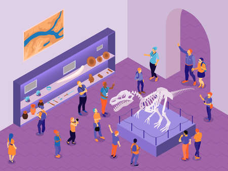 Isometric guide excursion to historical museum composition with indoor view of exhibition hall with visitor characters vector illustrationのイラスト素材