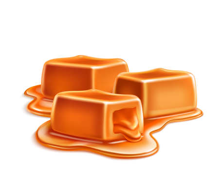 Caramel candles toffee realistic composition on blank background with cubic bars in puddle of liquid caramel vector illustrationのイラスト素材