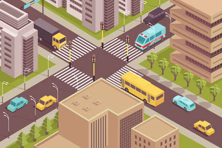 Road city isometric scenery with birds eye view of signalized intersection with cars and modern buildings vector illustrationのイラスト素材