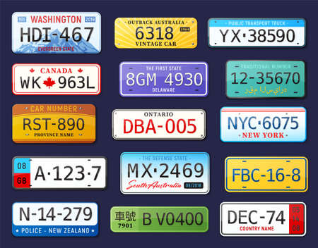 Realistic car number set with isolated colourful images of car license plates with editable text vector illustrationのイラスト素材