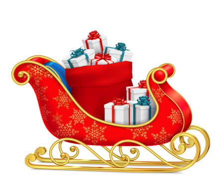Santa sleigh with gifts composition with realistic images of present boxes on red sled with ornaments vector illustrationのイラスト素材