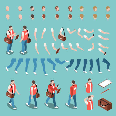 Male character constructor set with various haircuts body gestures and accessories for work isolated on blue background 3d isometric vector illustrationのイラスト素材