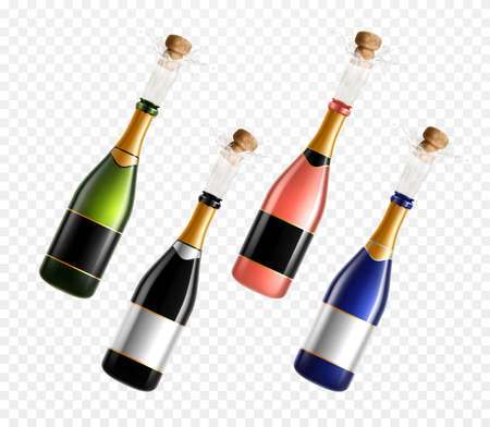 Champagne bottles realistic set of isolated color glass images with popping cork plugs on transparent background vector illustrationのイラスト素材