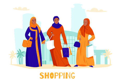 Flat arabs women shopping composition with three women at the shopping center vector illustrationのイラスト素材