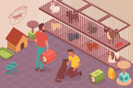 Homeless animals isometric composition with indoor view of pet shelter with cages kennels and people characters vector illustrationのイラスト素材