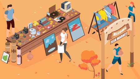 Flea market garage isometric composition with human characters shopping rare items at outdoor exposition with text vector illustrationのイラスト素材