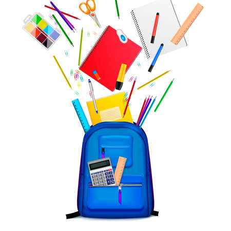 School backpack stationery realistic composition with colourful images of goods flying out of college bag vector illustrationのイラスト素材