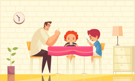 Gadget addiction flat composition with dad and his kids sitting at table in home interior and looking in smartphones vector illustrationのイラスト素材