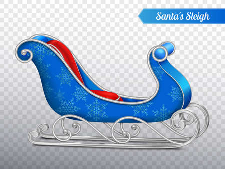 Blue santa sleigh realistic composition with fashionable christmas sled with silver sledge runners on transparent background vector illustrationのイラスト素材