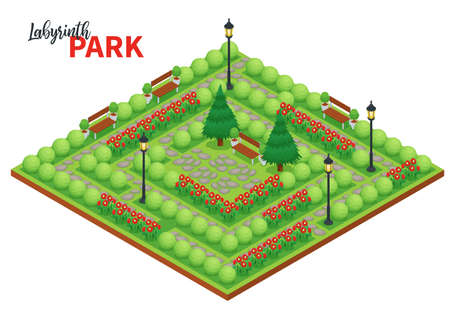 Labyrinth game composition with ornate text and platform with public park landscape with flowers bushes and benches vector illustrationのイラスト素材