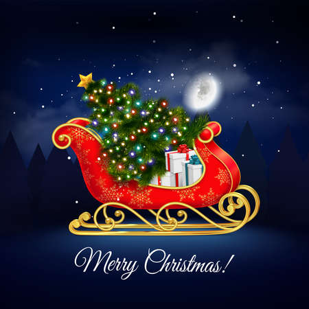 Santa sleigh realistic composition with editable ornate text and new year tree with gift boxes vector illustrationのイラスト素材