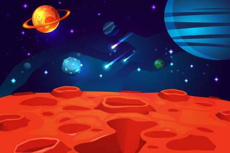 Space colorful cartoon game background with red planet surface night sky sparkling stars and...