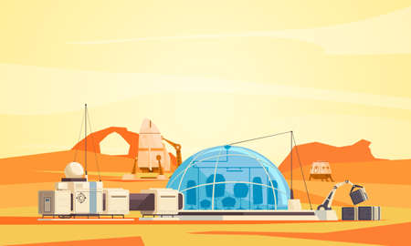 Mars surface colonization mission flat composition with spacecraft human base horticultural research and construction area vector illustrationのイラスト素材