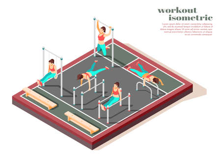 Horizontal parallel bars pull ups and gymnastics rings total body workout for women isometric composition vector illustrationのイラスト素材
