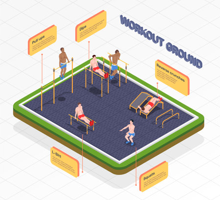 Workout isometric people infographic composition with pop-up bubbles with editable text sports area and people vector illustrationのイラスト素材