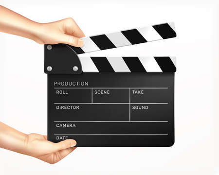 Clapper board in hands realistic composition with images of human hands holding clapper with empty text fields vector illustrationのイラスト素材