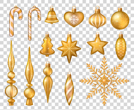 Christmas tree toys set with golden ball bell snowflake candy cane star isolated on transparent background vector illustrationのイラスト素材
