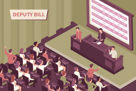 Deputy introducing bill in front of audience 3d isometric vector illustration