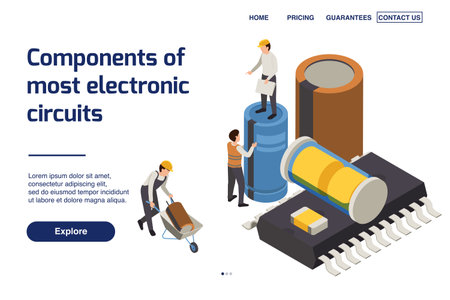 Semiconductor production page design with components of electronic circuits symbols isometric vector illustrationのイラスト素材